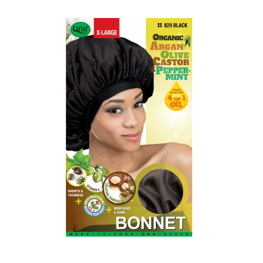 Black satin bonnet with packaging featuring a woman's face and product details on a white background